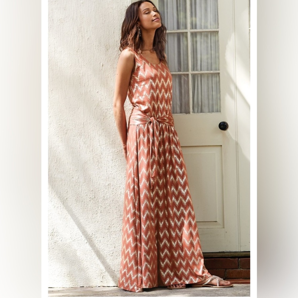 Soft Surroundings Alessandra maxi dress size S gold print dinner vacation cruise